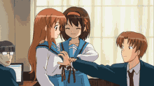 a group of anime characters are standing around each other