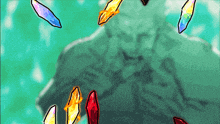 a drawing of a man with a sword and a bunch of crystals flying around him