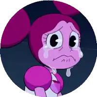 a pink cartoon character is crying with tears running down her face .