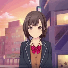 a girl in a school uniform with a red bow tie is standing in front of a building