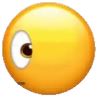 a close up of a yellow smiley face with a white eye and a black eye .