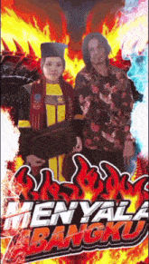 a man and a woman are standing next to each other on a poster that says ' men yall bangku ' on it