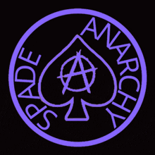a purple anarchy logo with a spade on it