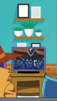 a cartoon character is watching a tv show