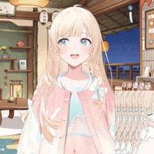 a girl with blonde hair and blue eyes is wearing a pink jacket and a white shirt