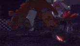 a cartoon character is standing in a dark cave