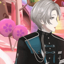 a close up of a cartoon character with a purple flower on his chest