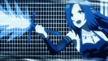 a woman with long blue hair is holding a sword in her hand .