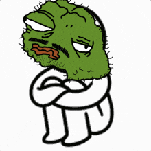 a drawing of a green frog with a white shirt and arms crossed