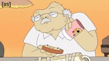 a cartoon of a man eating a hot dog and drinking from a cup with a cookie on it