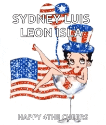 betty boop is sitting in a martini glass in front of an american flag