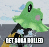 a person wearing a green frog hat is riding a skateboard and saying `` get sora rolled '' .