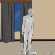 a cartoon of a naked man standing in front of a window with the words [ screams ] below him