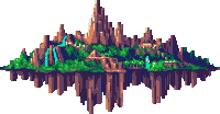 a pixel art illustration of a floating island with buildings and trees