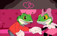 a couple of frogs holding hands with a happy valentine 's day message behind them