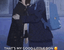 a girl with a backpack is hugging a boy .