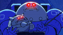 a cartoon drawing of a robot with red eyes and the letter g on his chest