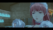 a girl with pink hair is wearing a cat ear headband and a collar