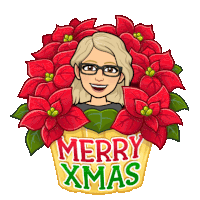 a cartoon of a woman surrounded by poinsettia flowers with the words merry xmas written on it