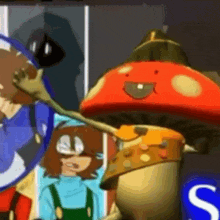 a cartoon character is standing next to a sign that says s