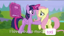 twilight sparkle and fluttershy from my little pony are standing next to each other .