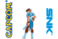 a logo for capcom and snk shows a woman playing basketball