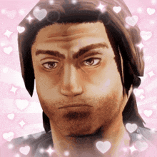 a close up of a man 's face with hearts around it