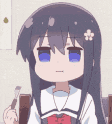 a cartoon girl with long black hair and blue eyes is holding a brush and a flower in her hair .