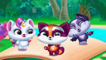 three cartoon animals are standing on a bridge .