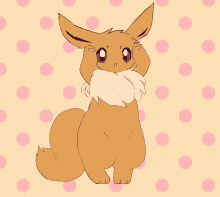a drawing of an eevee with pink polka dots on a yellow background