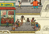 a cartoon drawing of people in front of a do carioca restaurant