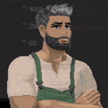 a pixel art drawing of a man with a beard and suspenders