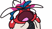 a cartoon character is crying while holding a remote