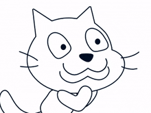 a black and white drawing of a cat holding a heart