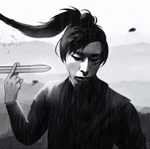 a black and white drawing of a man holding a sword and giving the middle finger