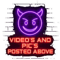a neon sign with a devil face and the words " videos and pic 's posted above "