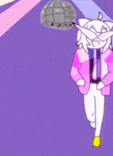 a cartoon character is dancing on a purple background with a disco ball above her head .