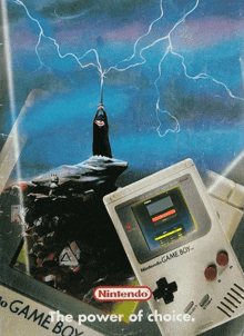 an advertisement for a nintendo game boy shows a wizard on a rock