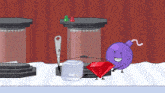 a purple bomb is holding a red diamond in a cartoon scene