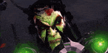 a painting of a skull with a red background and a green face