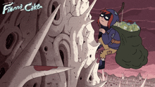 a poster for finna and cake shows a cartoon character carrying a large bag