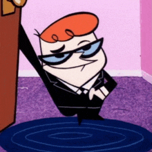 a cartoon character is standing on a blue rug in a room