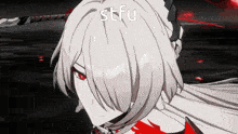 a girl with white hair and red eyes has the word stfu on her face