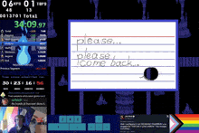 a screenshot of a video game with the words please come back written on a piece of paper