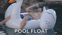 a man is laying on an inflatable swan in a pool