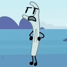 a cartoon character is standing in the water with a sad face