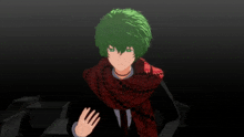 a girl with green hair and a red shirt