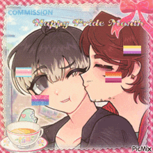 a picture of a man kissing a woman on the cheek with the words happy pride month