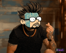 a cartoon drawing of a man with glasses and a tattoo on his face says 3look