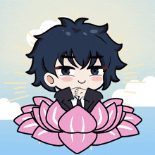 a cartoon drawing of a boy sitting on a pink flower